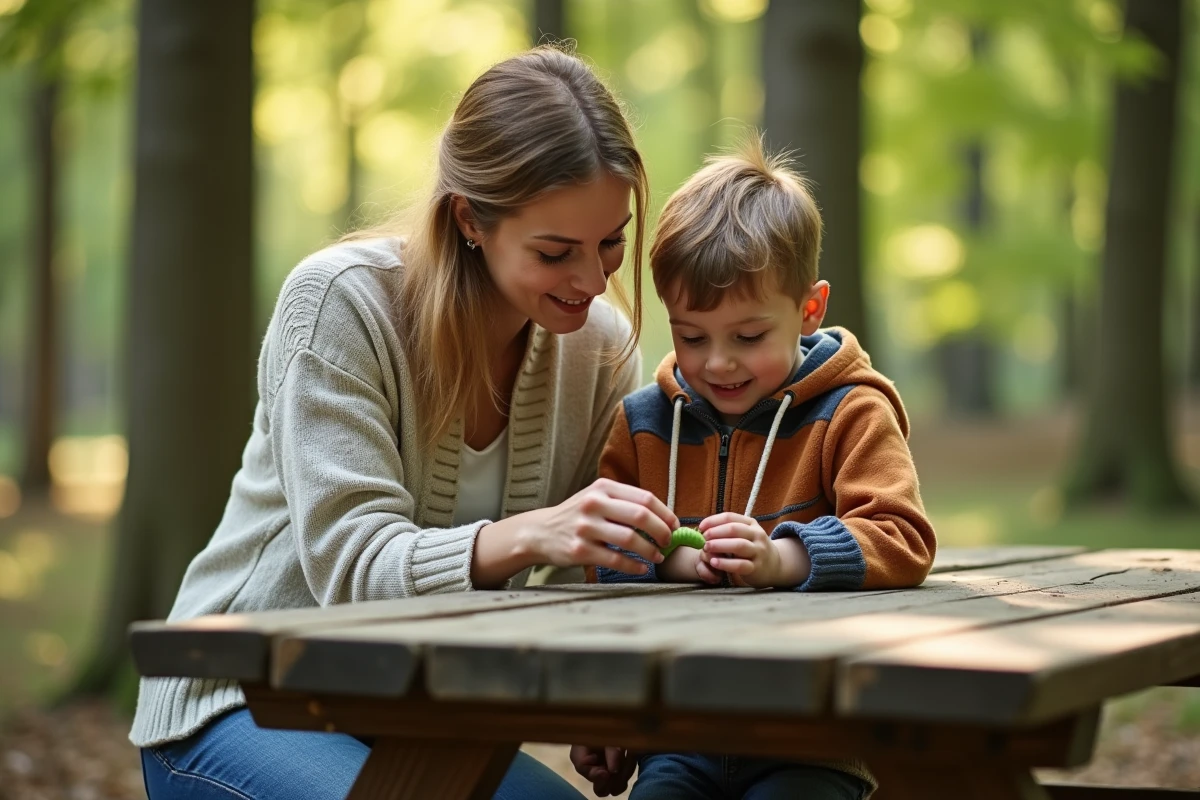 Maman et son enfant découvrant une chenille dans un parc