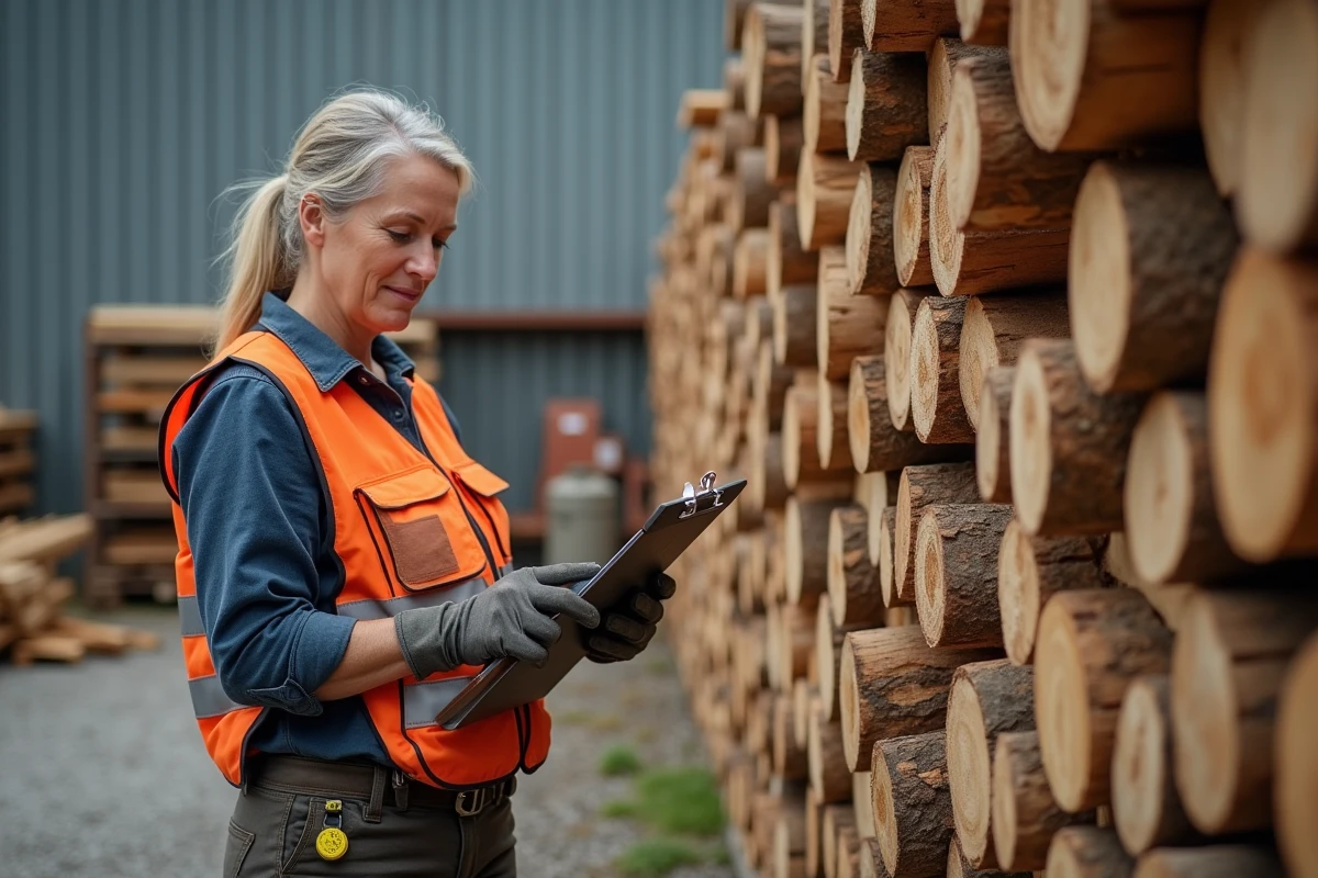 Marchande de bois évaluant des grumes de chêne empilées dans un chantier de scierie