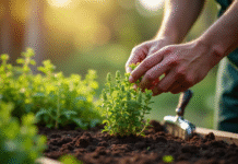 Main effectuant un marcottage de thym dans un jardin ensoleille