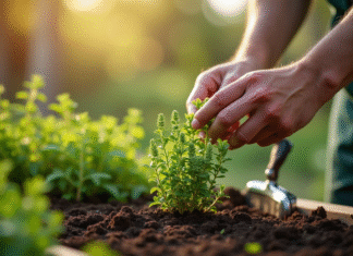 Main effectuant un marcottage de thym dans un jardin ensoleille