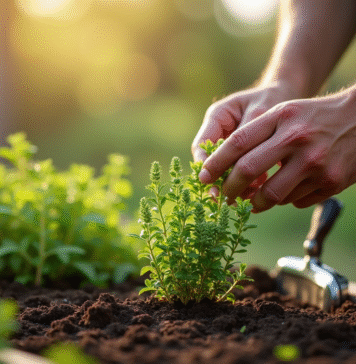 Main effectuant un marcottage de thym dans un jardin ensoleille