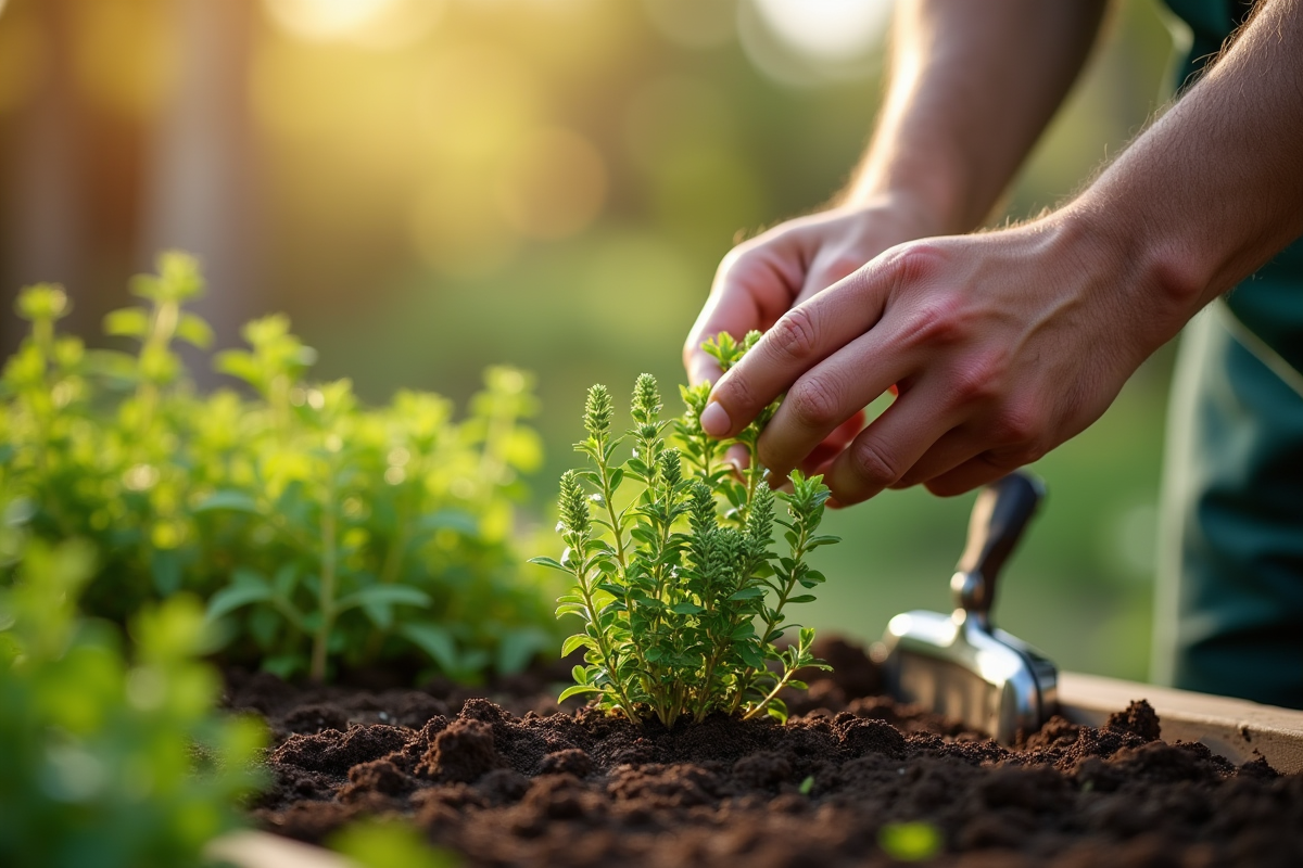 Main effectuant un marcottage de thym dans un jardin ensoleille