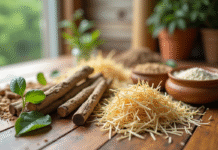 Matériaux naturels comme bois et feuilles sur une table en bois