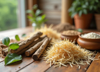Matériaux naturels comme bois et feuilles sur une table en bois