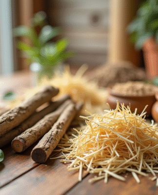 Matériaux naturels comme bois et feuilles sur une table en bois