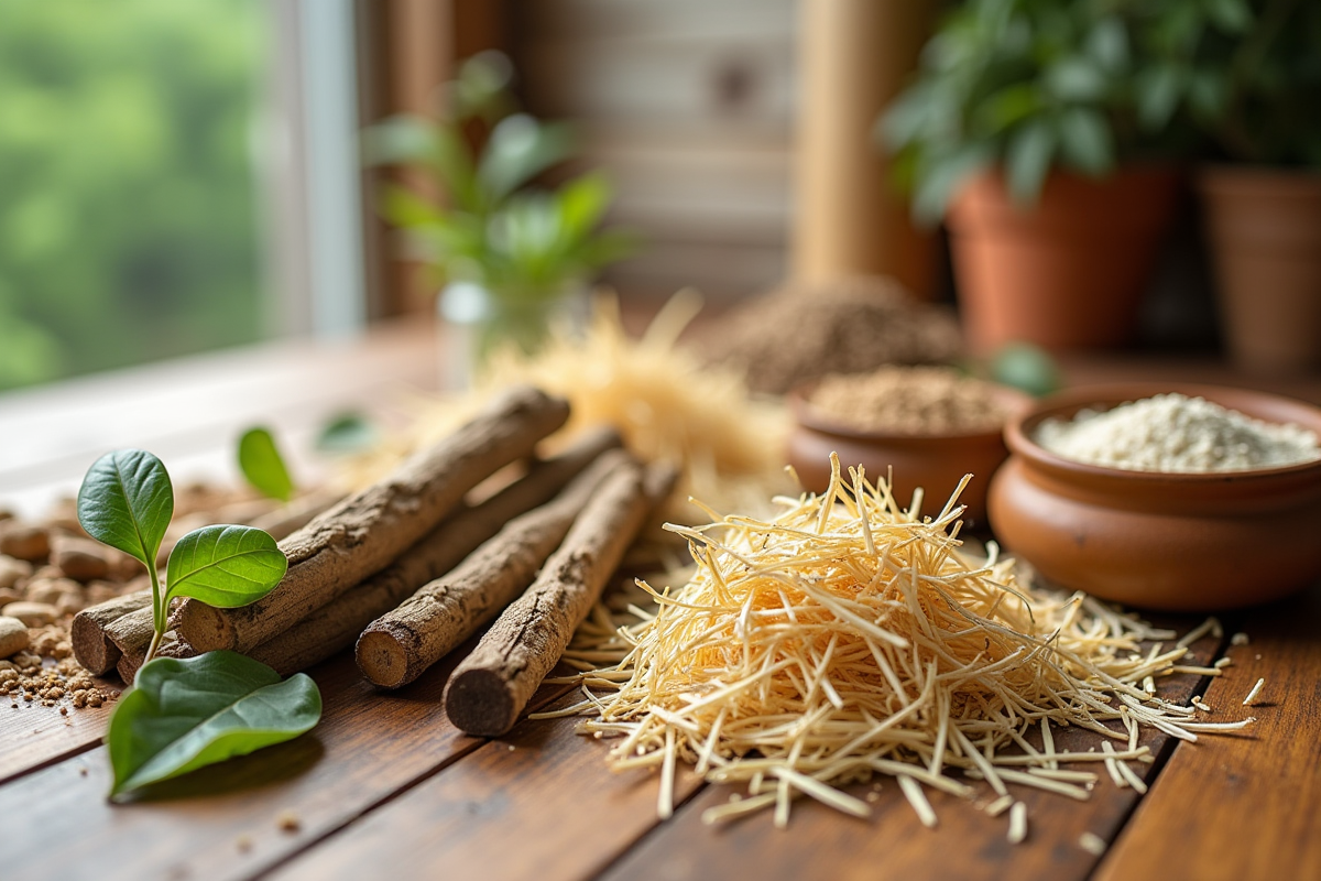Matériaux naturels comme bois et feuilles sur une table en bois