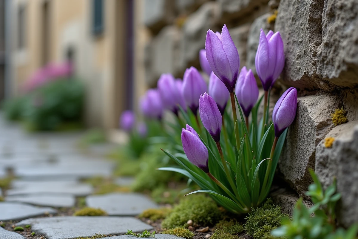 Plante de mauve sauvage en fleur poussant dans les fissures d'un vieux mur en pierre de village