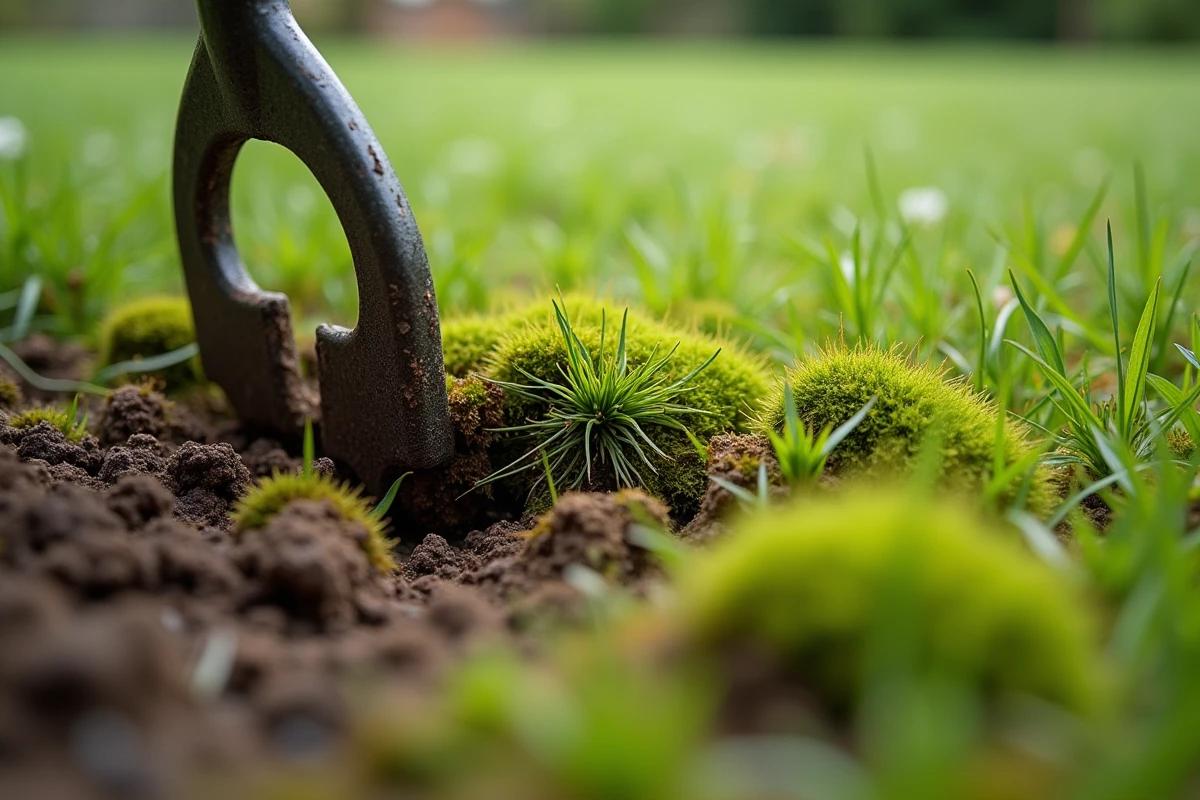 Gros plan sur de la mousse arrachée d'une pelouse au printemps révélant le sol en dessous après scarification