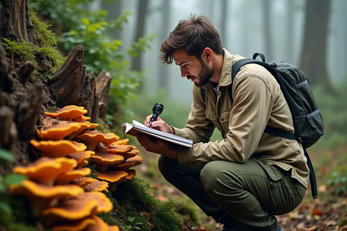 Mycologue en train d'examiner des champignons orange sur une souche de chêne en forêt brumeuse, carnet de terrain à la main
