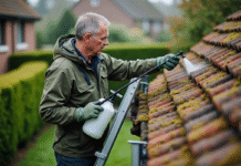 Homme appliquant solution antimousse sur un toit en tuiles
