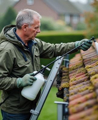 Homme appliquant solution antimousse sur un toit en tuiles