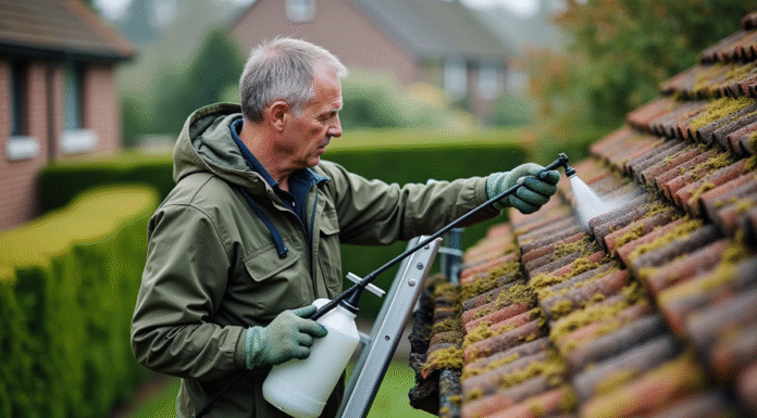 Homme appliquant solution antimousse sur un toit en tuiles