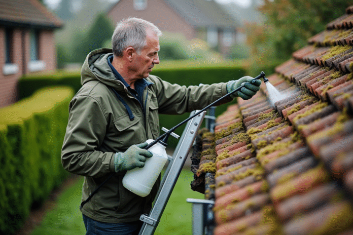 Homme appliquant solution antimousse sur un toit en tuiles