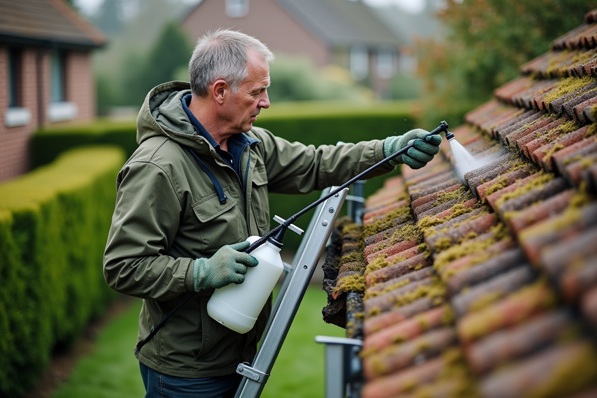 Homme appliquant solution antimousse sur un toit en tuiles