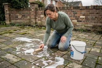 Femme nettoyant des pavés autobloquants encrassés avec une brosse et de l'eau savonneuse sans nettoyeur haute pression