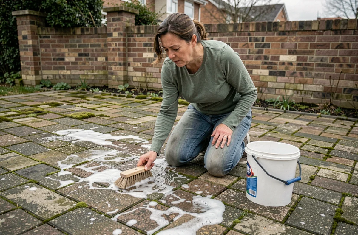 Femme nettoyant des pavés autobloquants encrassés avec une brosse et de l'eau savonneuse sans nettoyeur haute pression