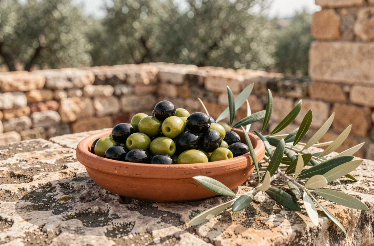Bol en terre cuite rempli d'olives fraîches et de feuilles d'olivier posé sur une surface en pierre, symbolique spirituelle et tradition méditerranéenne