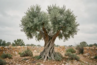 Vieux olivier millénaire au tronc noueux dans un paysage méditerranéen rocailleux, symbole de longévité et de spiritualité