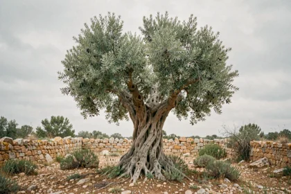 Vieux olivier millénaire au tronc noueux dans un paysage méditerranéen rocailleux, symbole de longévité et de spiritualité