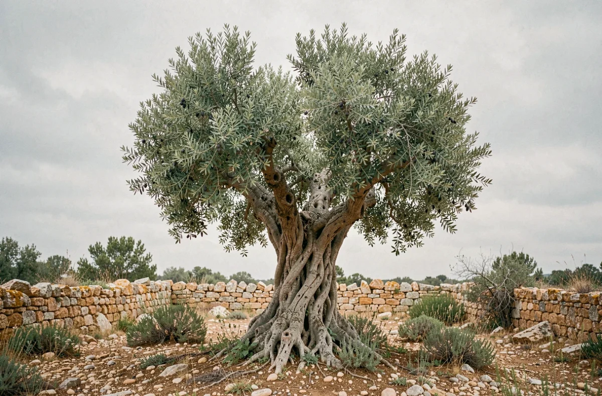 Vieux olivier millénaire au tronc noueux dans un paysage méditerranéen rocailleux, symbole de longévité et de spiritualité