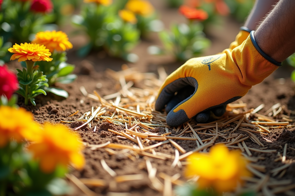 Gros plan sur paillis de foin autour de fleurs colorées dans le jardin