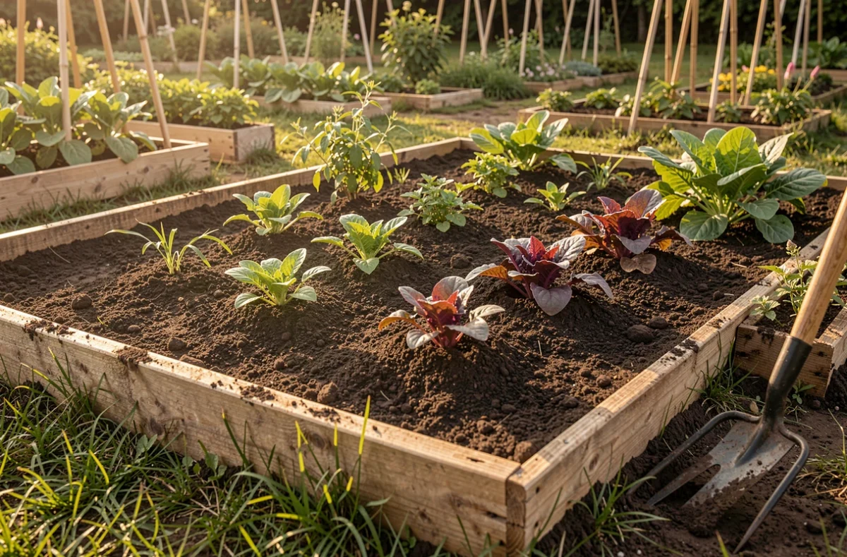 Parcelle de potager fraîchement travaillée, prête pour les semis