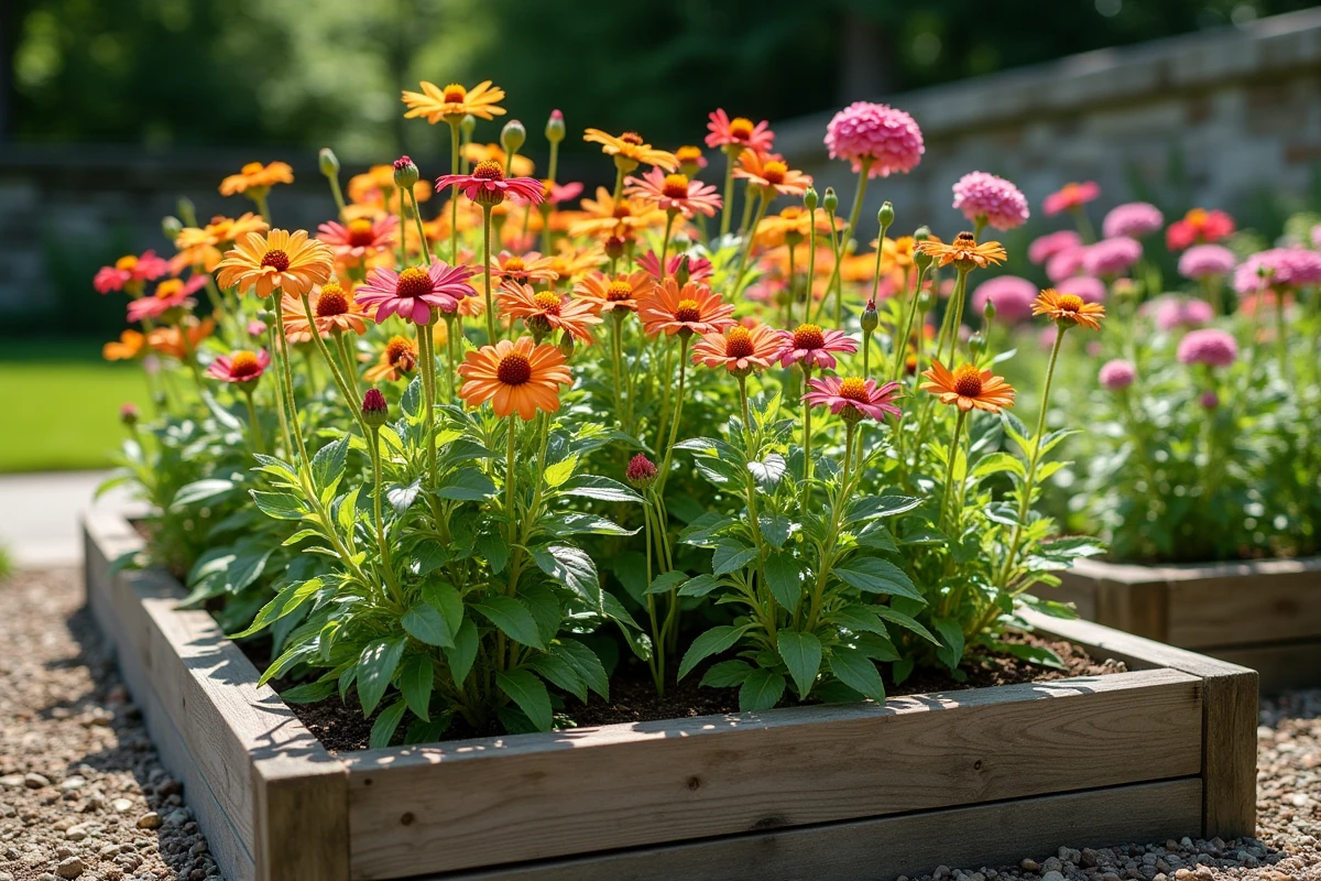 Parterre de fleurs sauvages et annuelles en fin d'été dans un jardin établi, résultat de plusieurs saisons de plantation