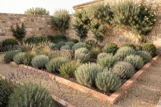 Parterre méditerranéen aménagé avec lavande, romarin et graminées ornementales le long d'un chemin de gravier