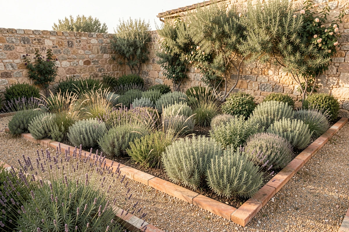Parterre méditerranéen aménagé avec lavande, romarin et graminées ornementales le long d'un chemin de gravier