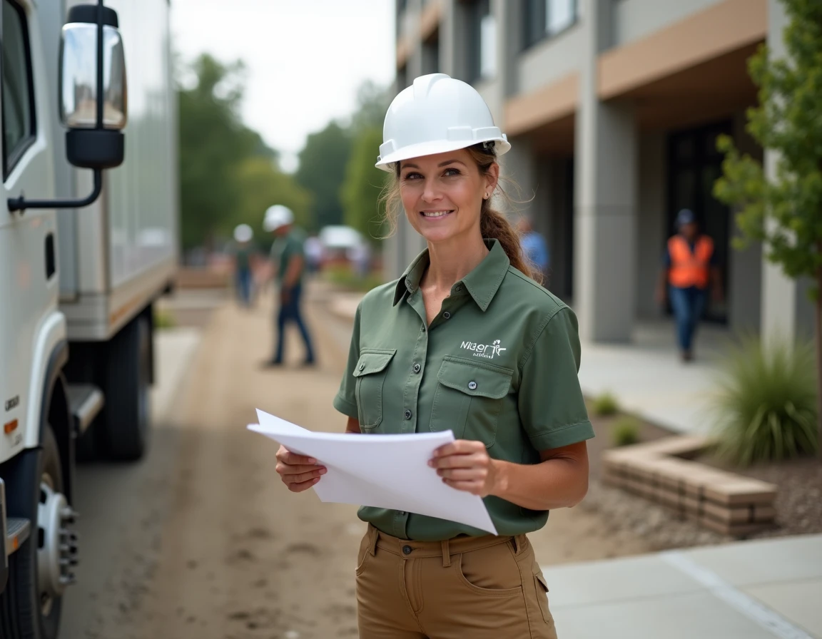 Paysagiste expérimentée supervisant un chantier d'aménagement paysager commercial, représentant l'évolution de carrière et la prise de responsabilités