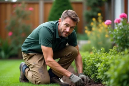 Jeune paysagiste débutant en train de planter des arbustes dans un jardin résidentiel, illustrant le début de carrière dans le métier de paysagiste