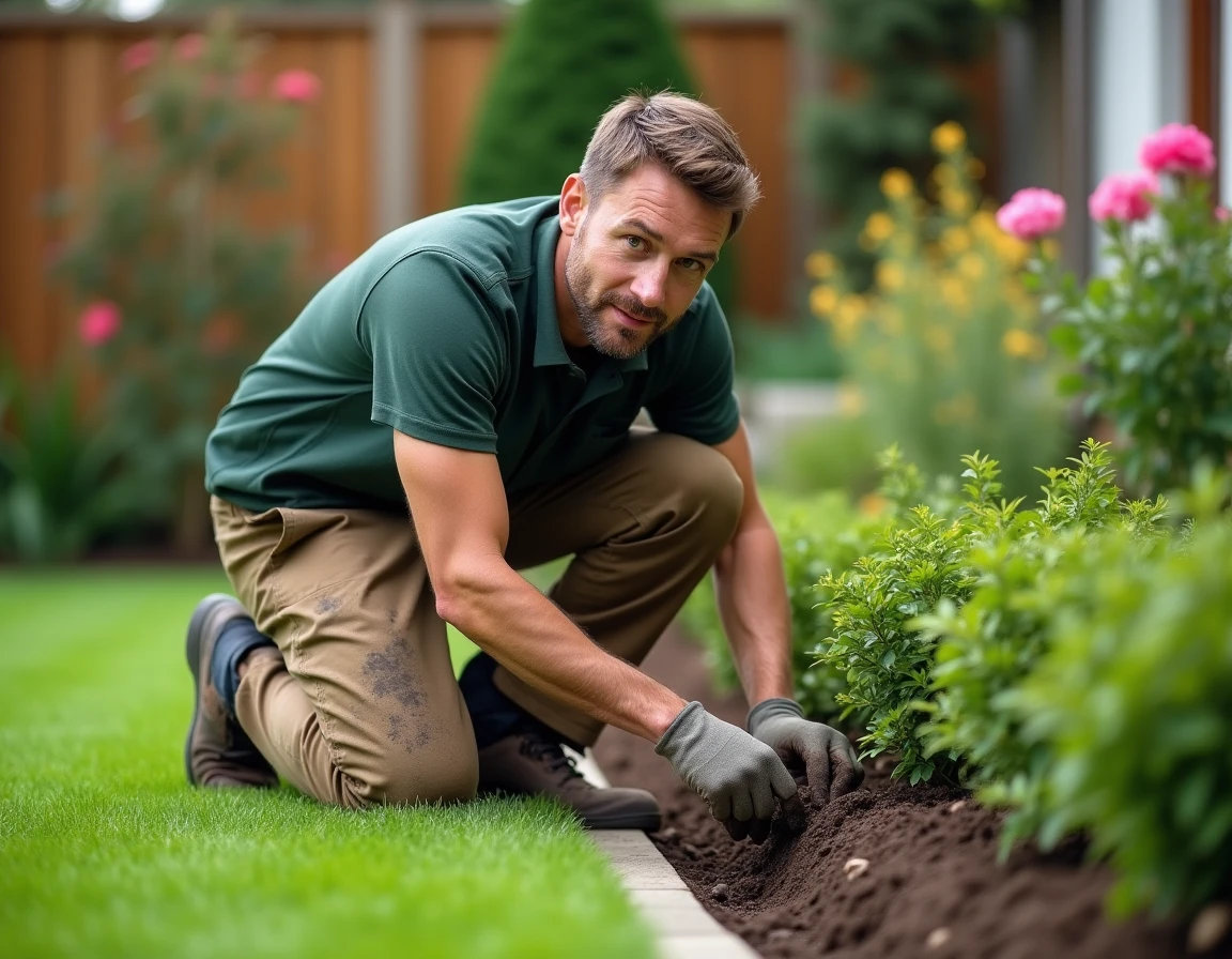Jeune paysagiste débutant en train de planter des arbustes dans un jardin résidentiel, illustrant le début de carrière dans le métier de paysagiste