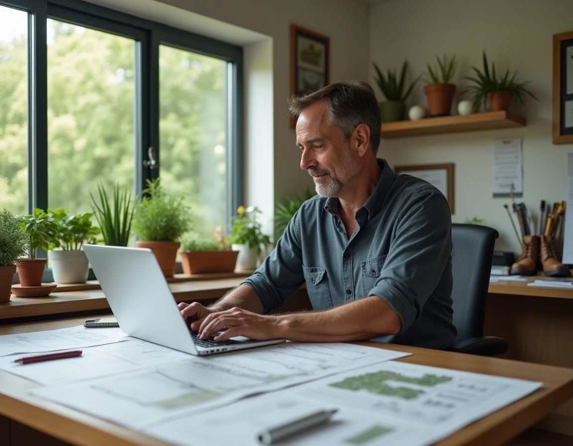 Paysagiste senior et entrepreneur assis à son bureau en train d'élaborer un devis, illustrant l'évolution salariale et professionnelle après plusieurs années d'expérience