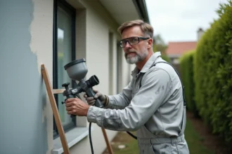 Professionnel utilisant un pistolet airless pour peindre la façade extérieure d'une maison avec un résultat uniforme et durable