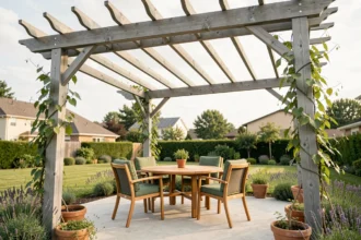 Pergola en bois 5x4 mètres installée dans un jardin de maison individuelle avec table de jardin en teck et plantes grimpantes