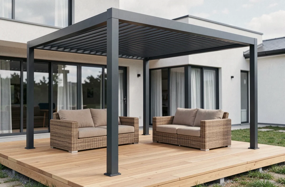 Pergola bioclimatique aluminium anthracite avec toit à lames orientables sur terrasse en bois, alternative haut de gamme à la pergola Brico Dépôt