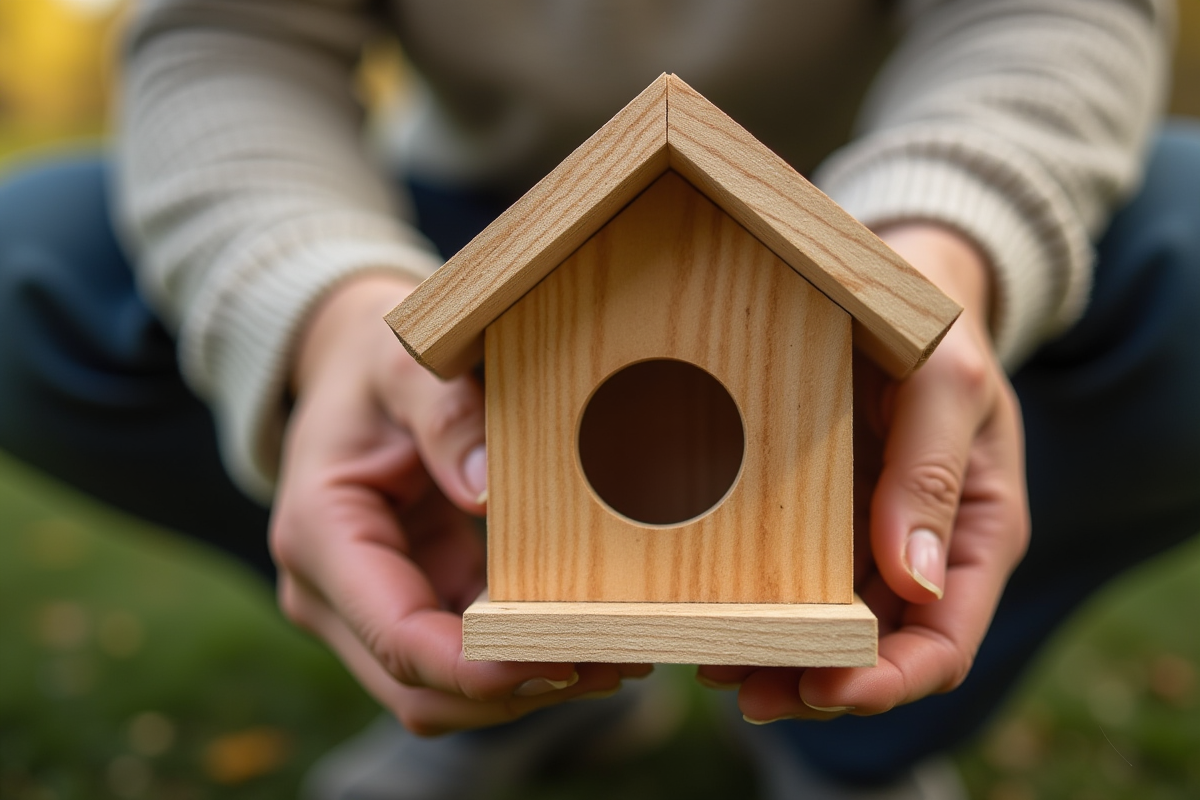 Personne construisant une petite maison pour oiseau en bois naturel