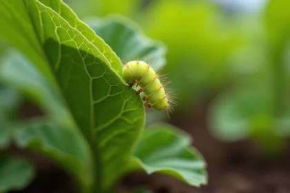Petite chenille verte accrochée sous une feuille de légume dans un potager, vue macro détaillée