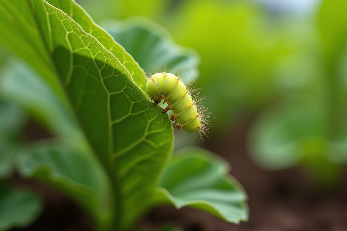 Petite chenille verte accrochée sous une feuille de légume dans un potager, vue macro détaillée