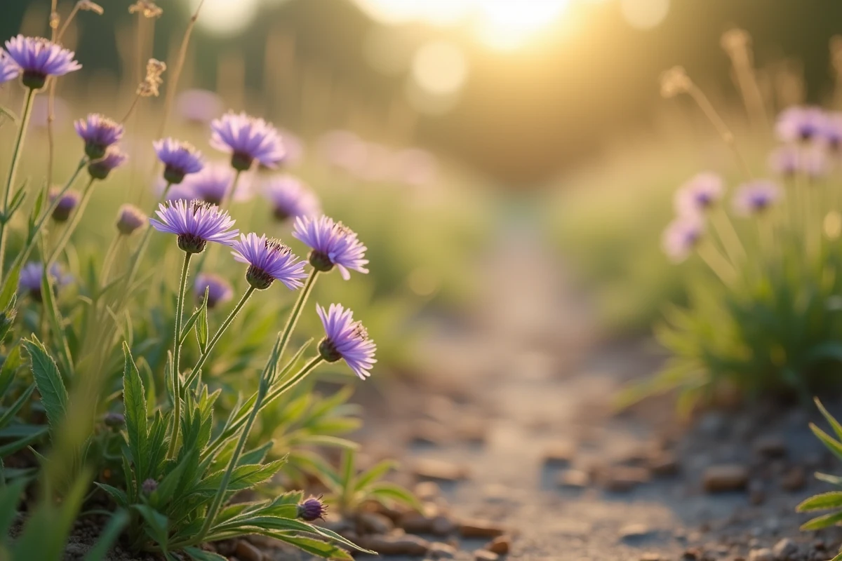 Petites fleurs mauves sauvages à corolles fines poussant le long d'un chemin de prairie