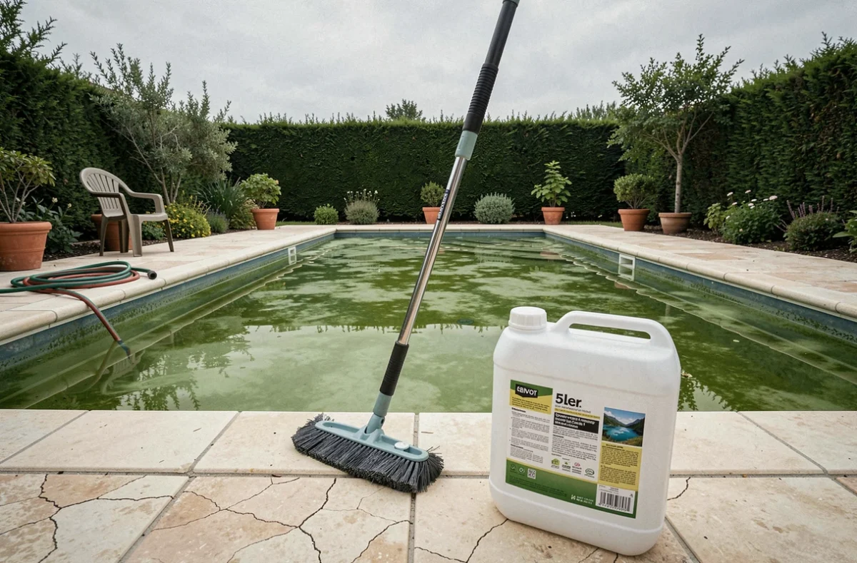Piscine résidentielle avec eau verte trouble et produits de traitement au chlore posés sur le bord