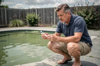 Homme testant la qualité de l'eau verte d'une piscine avec un kit d'analyse après un traitement choc raté