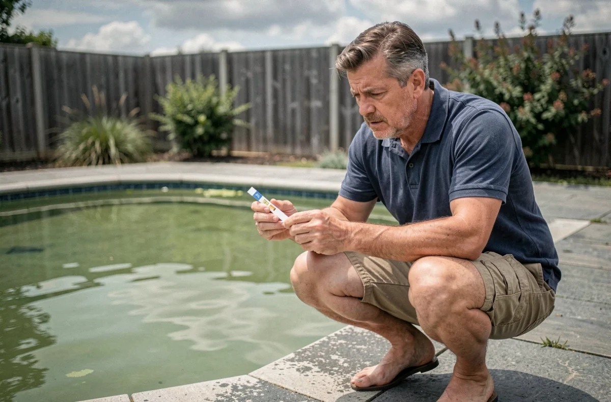 Homme testant la qualité de l'eau verte d'une piscine avec un kit d'analyse après un traitement choc raté