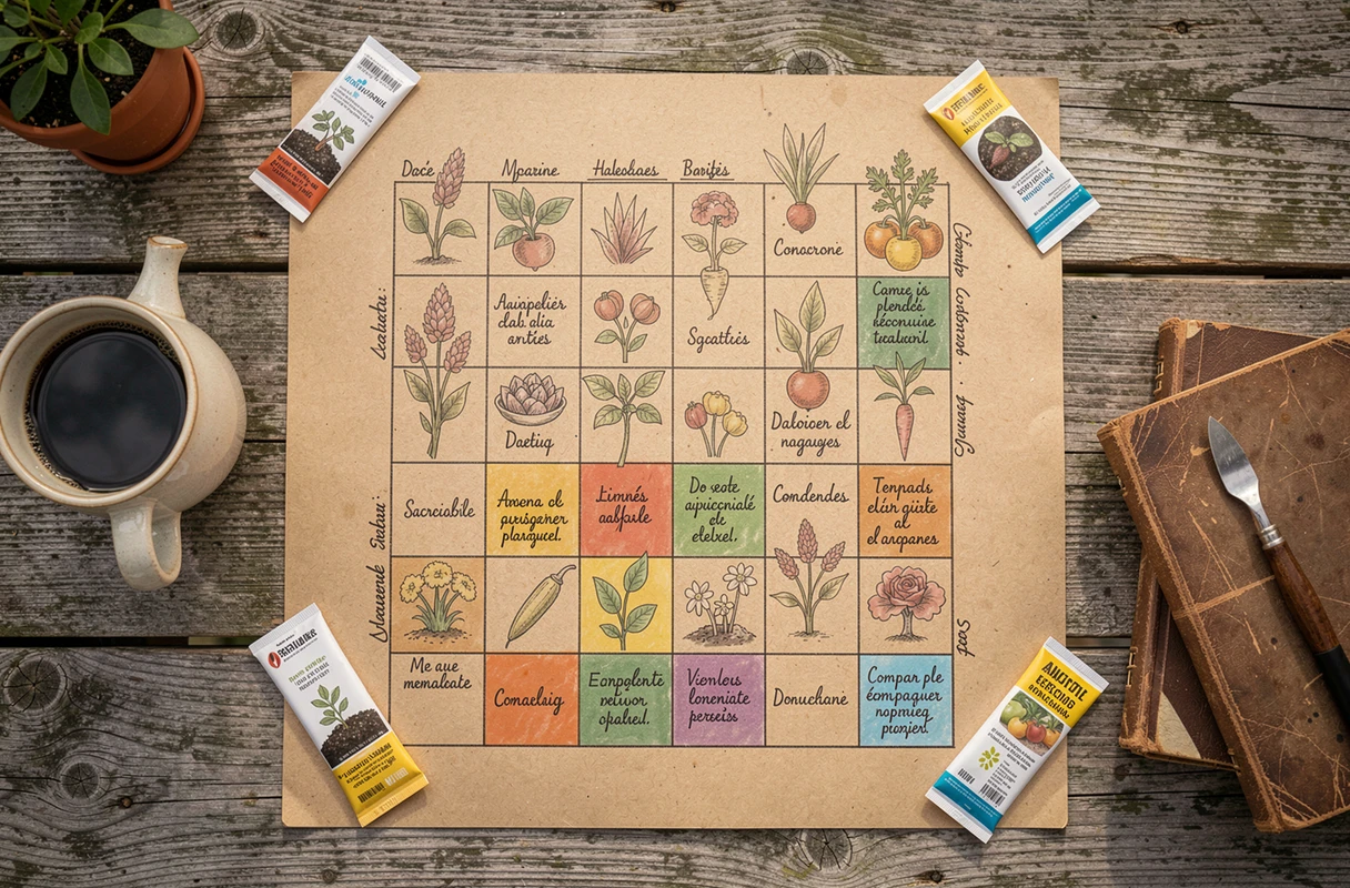 Plan de potager en carré dessiné à la main sur papier kraft avec grille 4x4 et noms de légumes en français