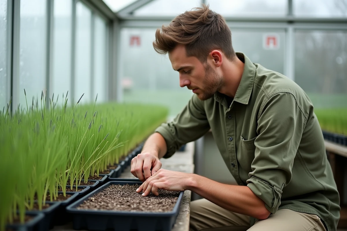 Jeune homme plantant des boutures de lavande dans un plateau de multiplication en serre