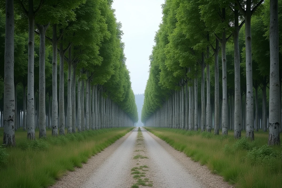 Plantation de chênes en forêt française avec allée forestière symbolisant l'investissement sylvicole