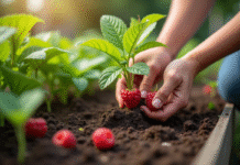 Mains de jardinier plantant des framboises dans un lit de jardin