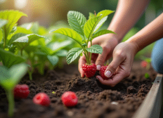 Mains de jardinier plantant des framboises dans un lit de jardin