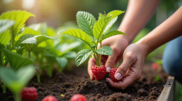 Mains de jardinier plantant des framboises dans un lit de jardin