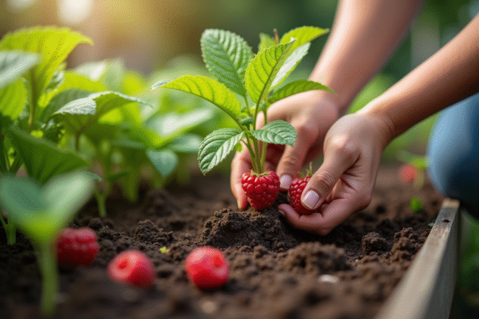 plantation-framboises-jardin Mains de jardinier plantant des framboises dans un lit de jardin